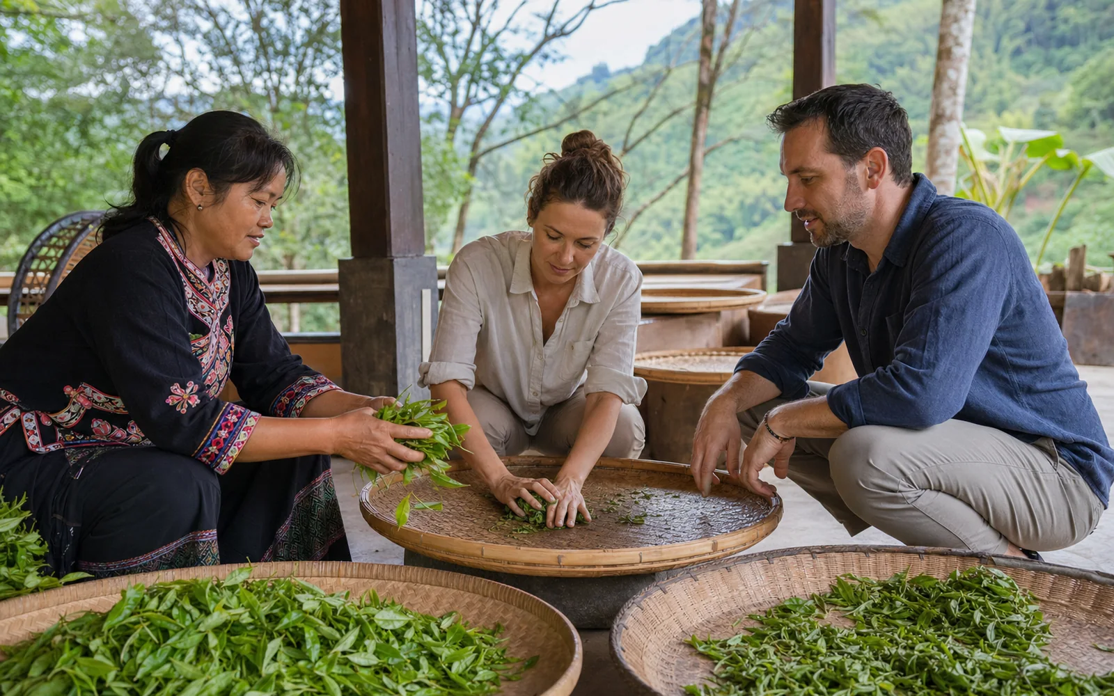 Hani tea maker guiding visitors through hand rolling and bamboo tray drying Hani tea maker guiding visitors through hand rolling and bamboo tray drying