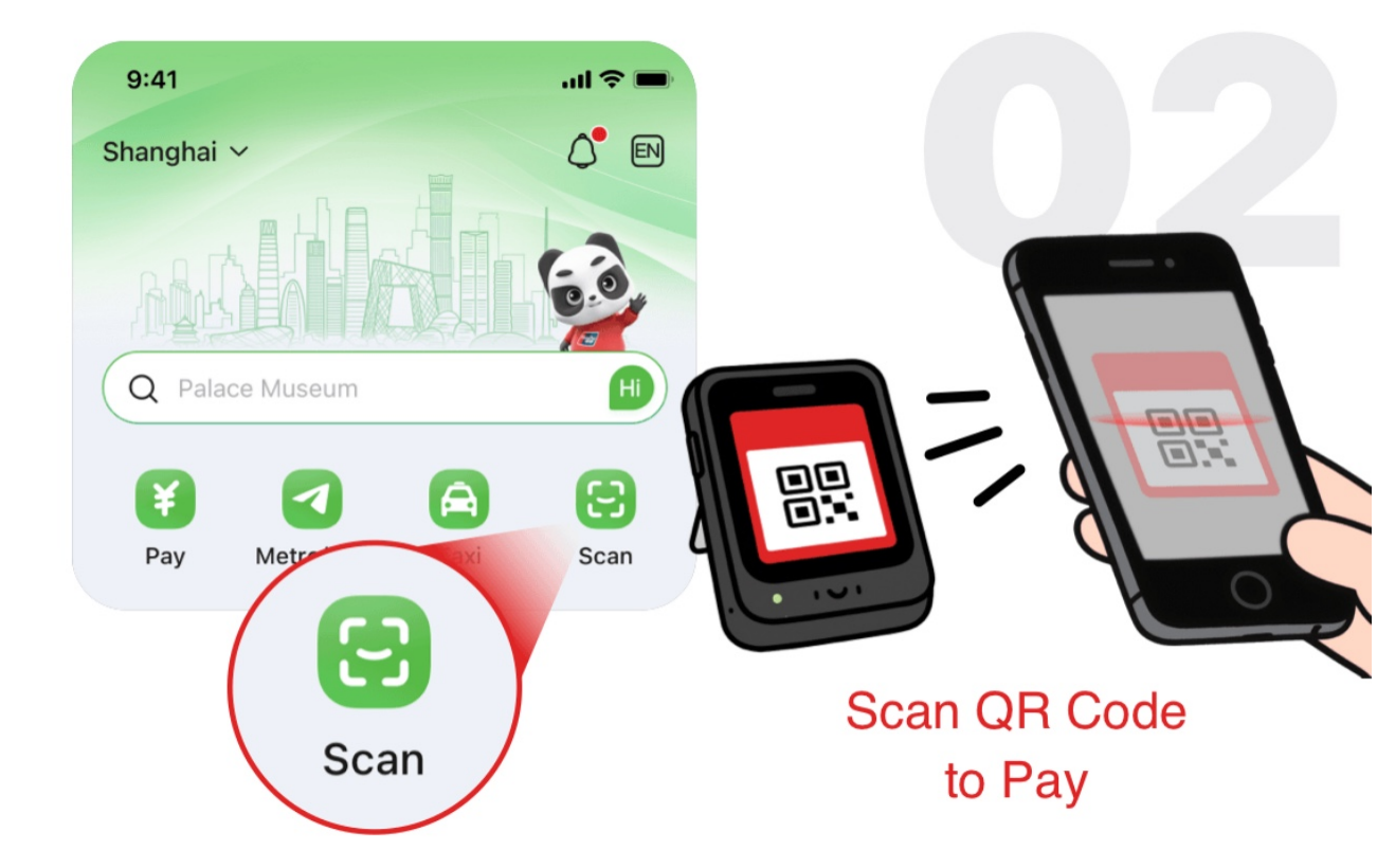 Official visual explaining how to tap Scan and scan a merchant QR code