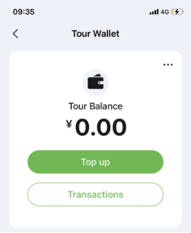 Nihao China Tour Balance screen with Top up and Transactions buttons