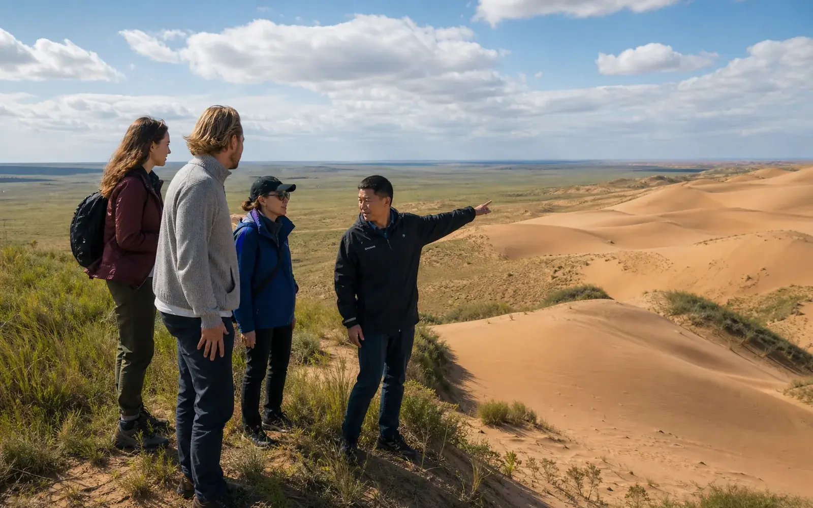 Travelers with a Mongolian guide at an Ordos desert-edge viewpoint
