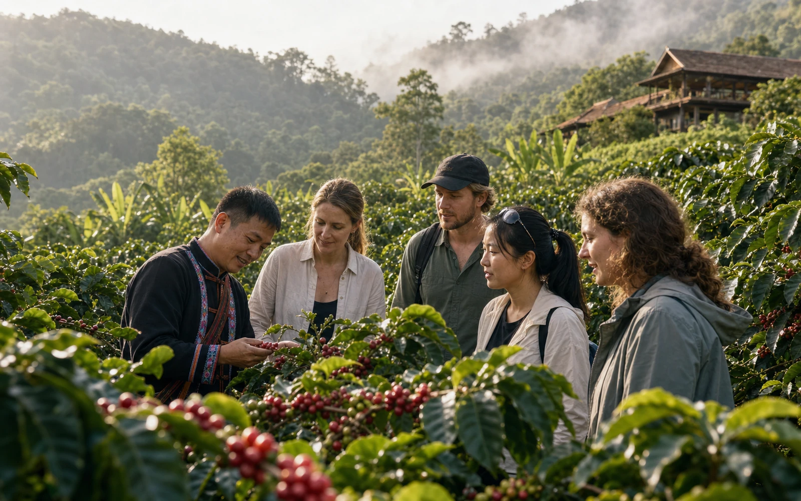 International visitors learning about ripe coffee cherries with a local guide at a Puer coffee estate
