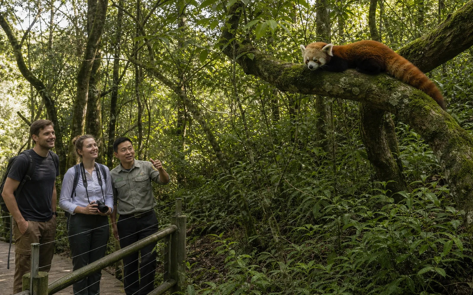 Visitors observing a red panda from a respectful distance with a trained keeper in Puer Visitors observing a red panda from a respectful distance with a trained keeper in Puer