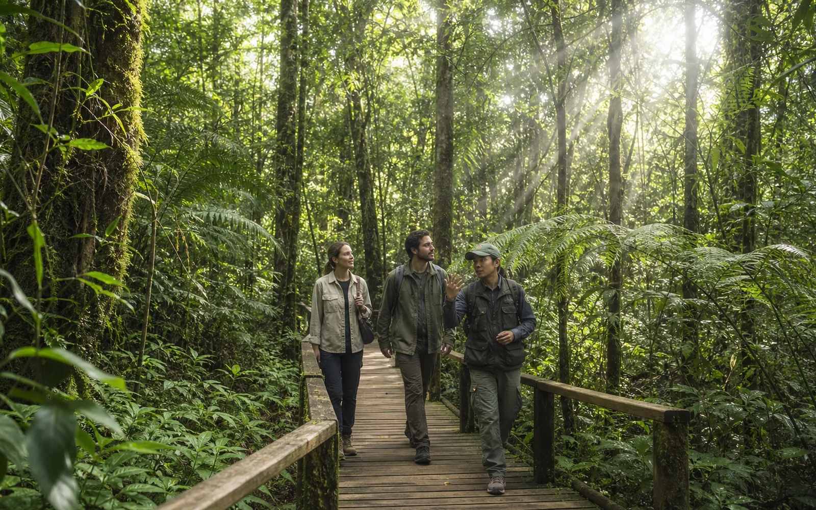 International travelers following a nature guide on a rainforest boardwalk in Puer International travelers following a nature guide on a rainforest boardwalk in Puer