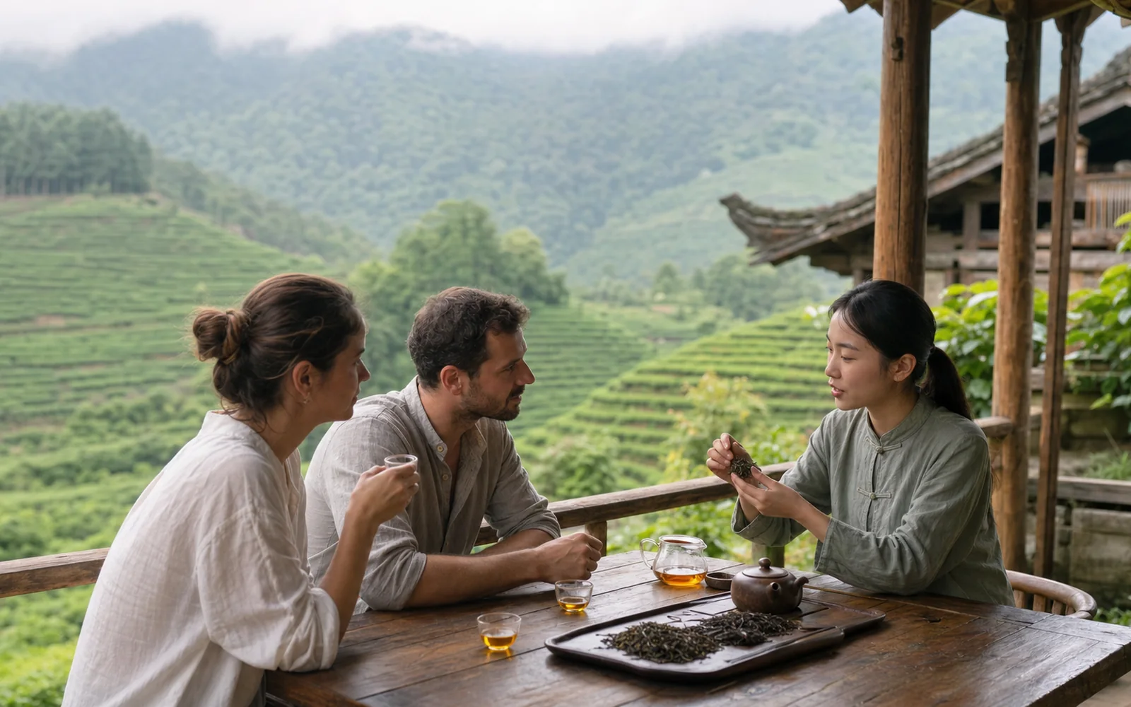 Local tea specialist introducing Puer tea to international travelers above green tea terraces Local tea specialist introducing Puer tea to international travelers above green tea terraces