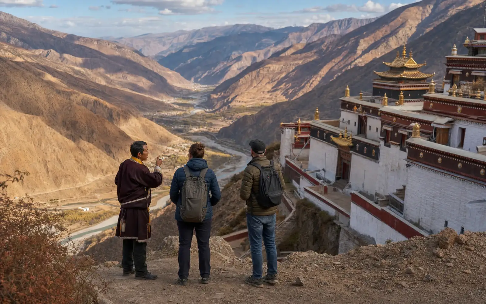 Travelers and a local guide exploring Qamdo, China, with eastern Tibetan mountains, river valleys and monastery heritage