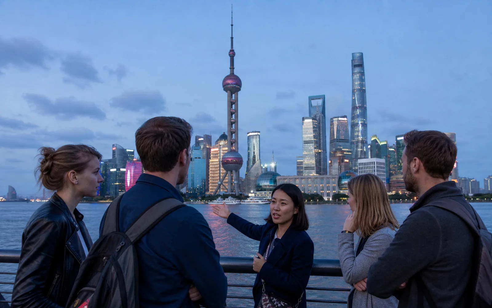 International travelers with a Shanghai guide on the Bund facing the Pudong skyline