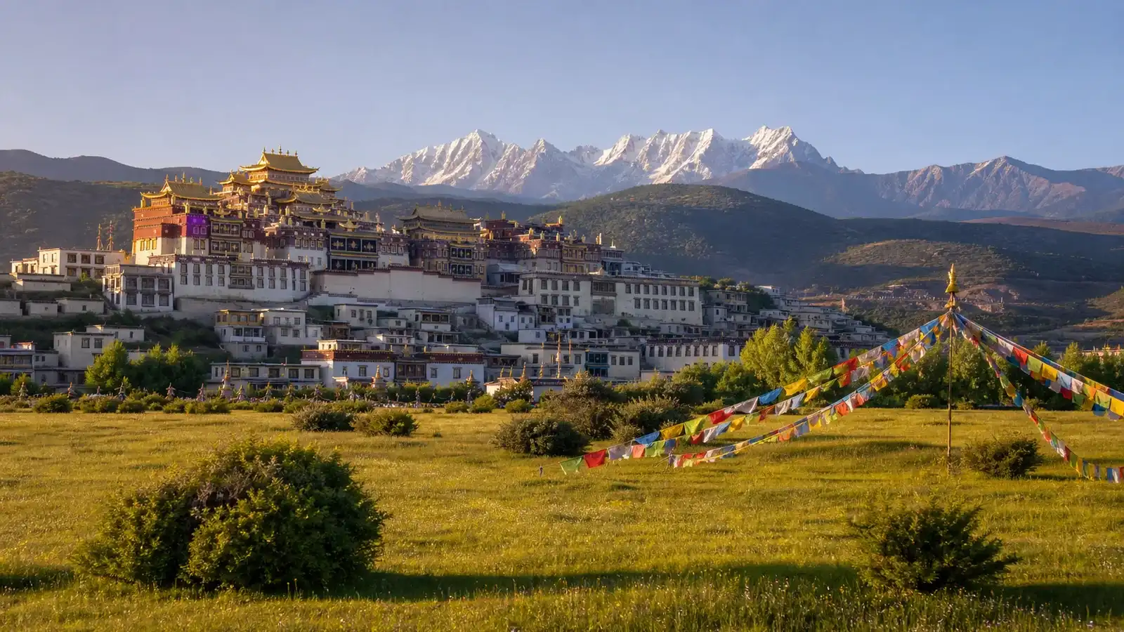 Travelers with a local guide in Shangri-La's Tibetan highlands