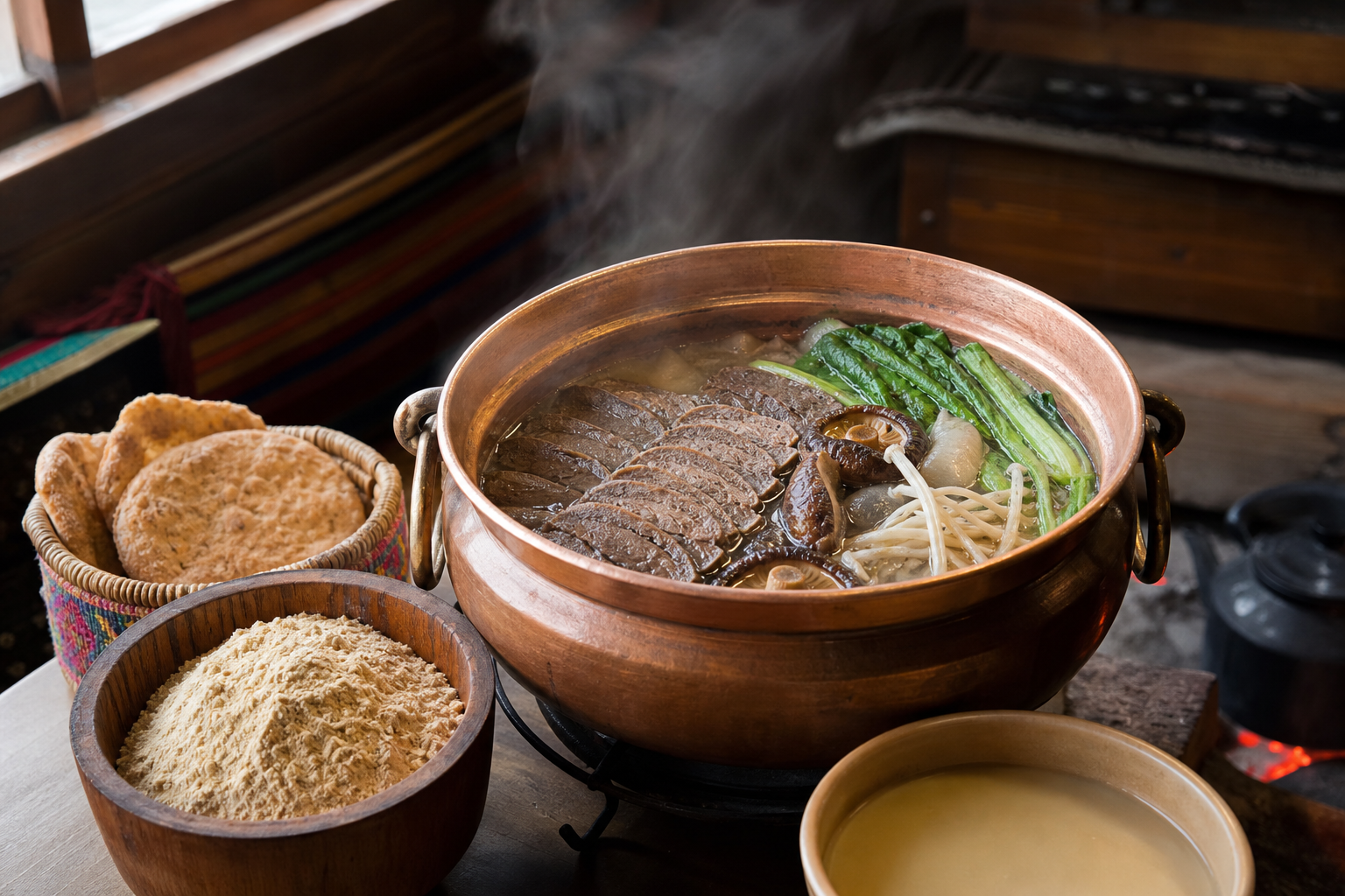 Yak hotpot, tsampa, barley bread and butter tea in Shangri-La