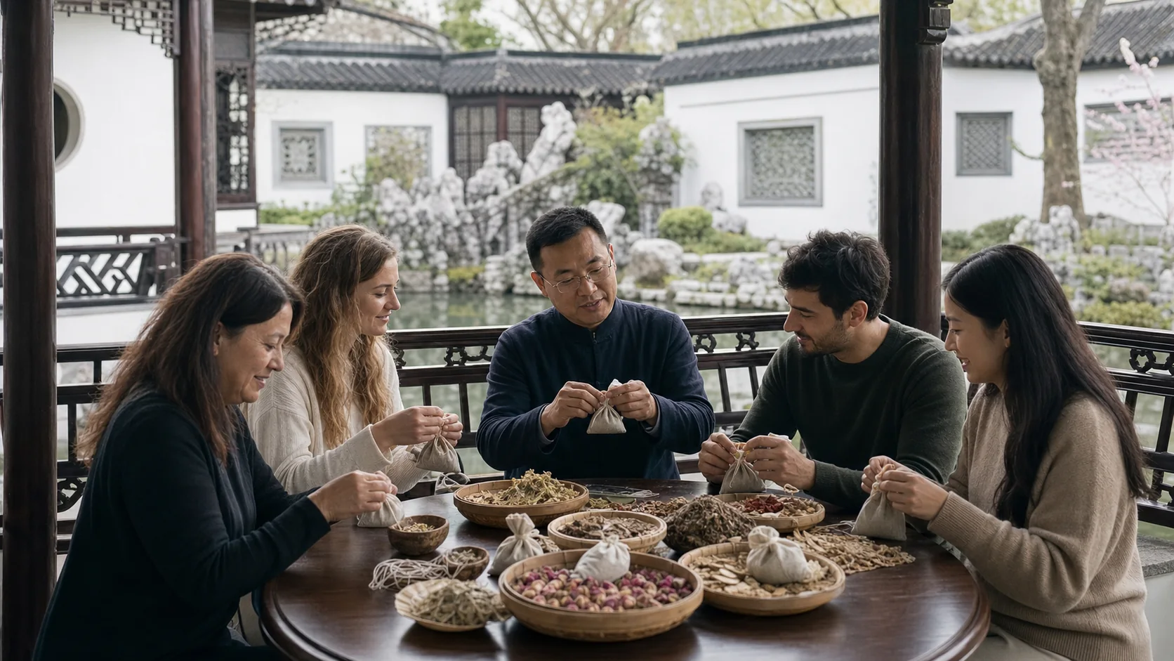 Herbal sachet workshop in a classical Suzhou garden