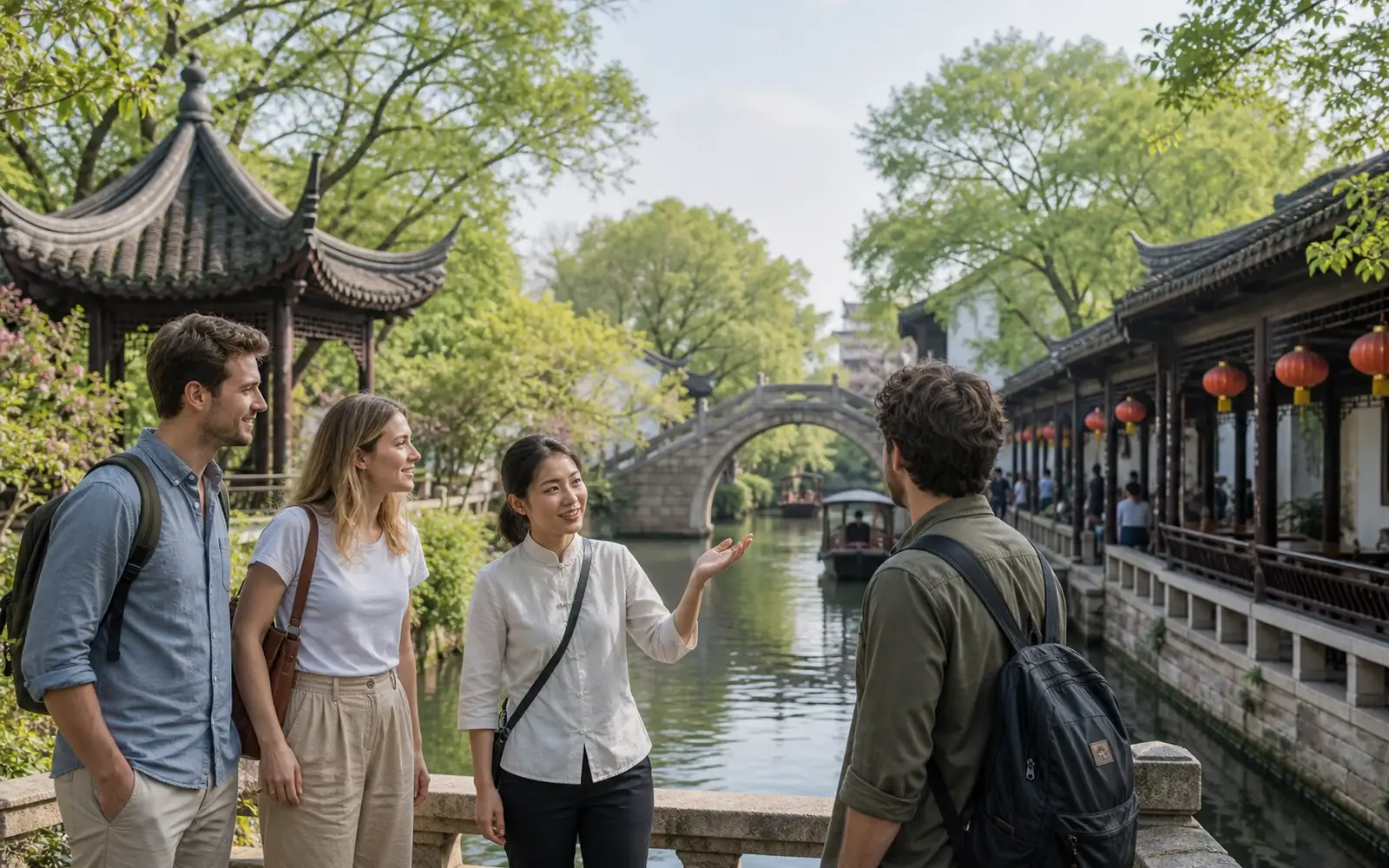 Traditional Suzhou gardens and a stone bridge
