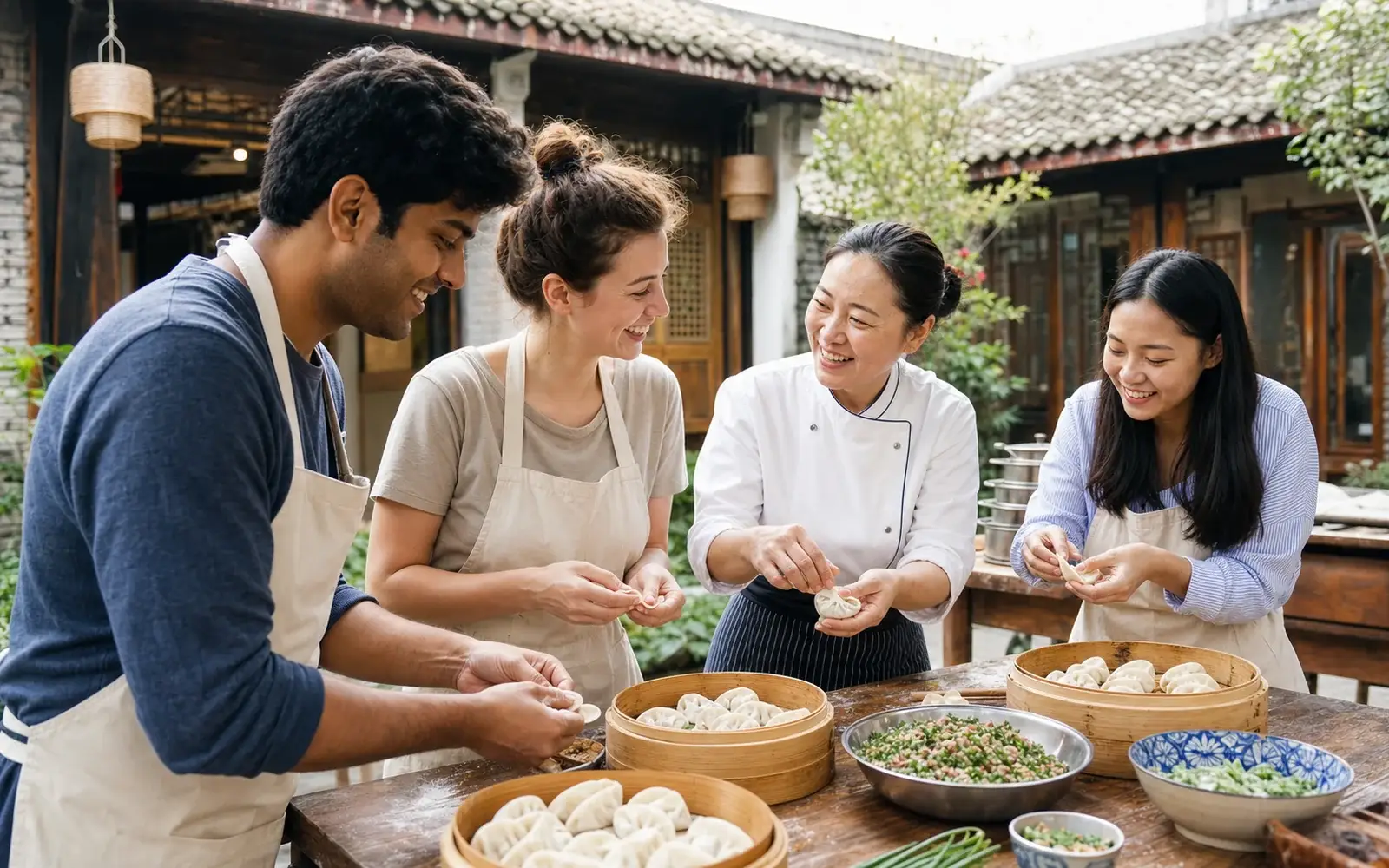 Travelers learning to make Chinese dumplings with a local chef in a courtyard