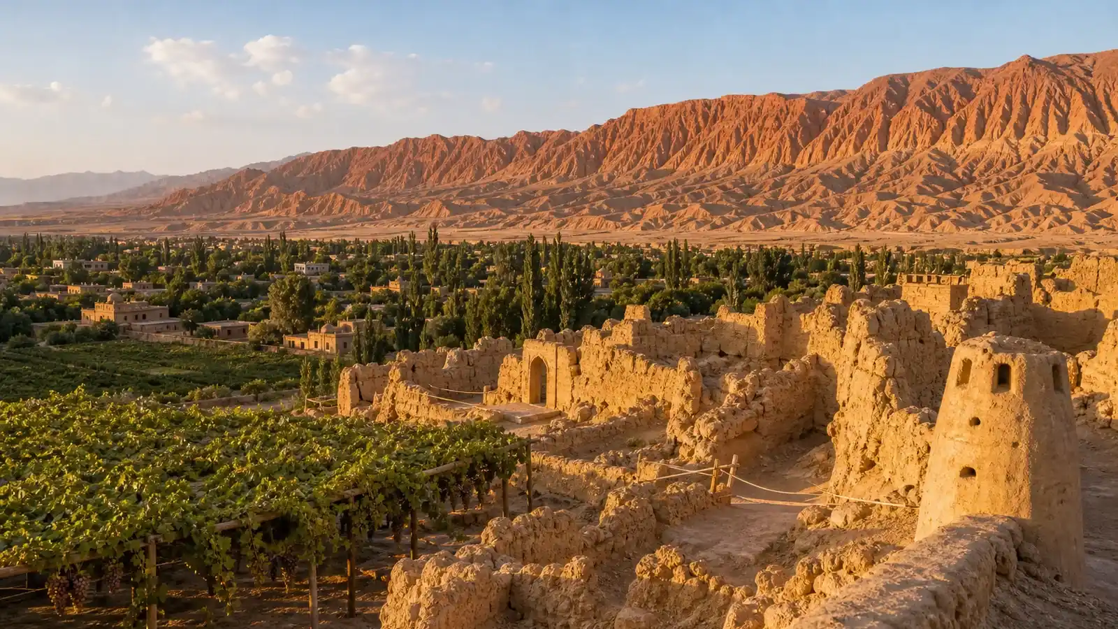 Travelers with a local guide among Turpan's vineyards and desert heritage
