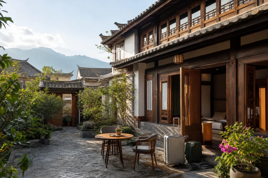 Traditional Yunnan guesthouse courtyard with luggage beside a guest room
