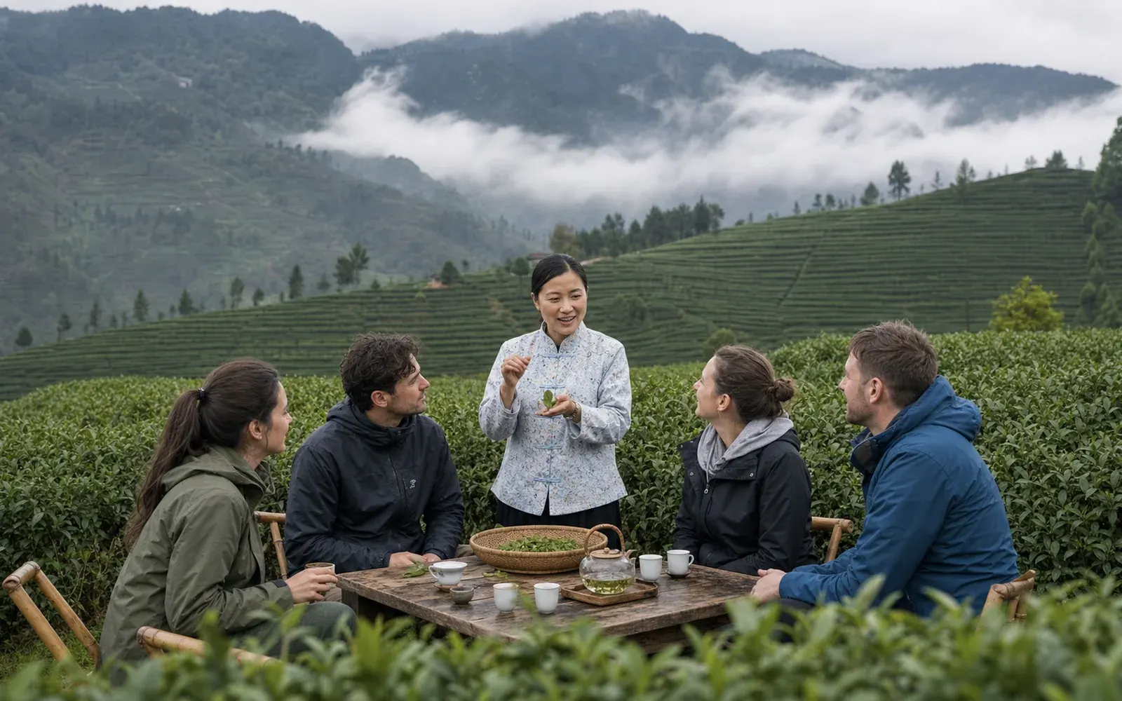 Travelers sharing tea with a local host in the green hills around Ya'an