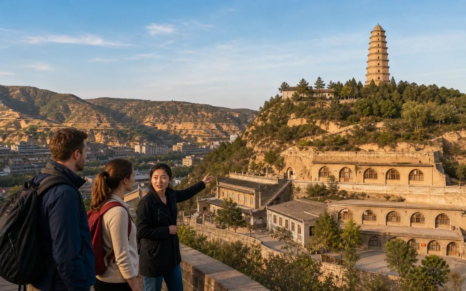 Travelers and a local guide exploring Yan'an, China, with Pagoda Hill, loess plateau scenery and yaodong heritage