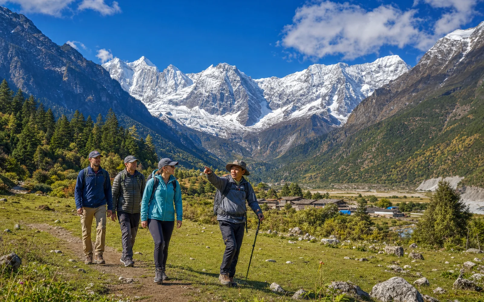 Hikers leaving Yubeng valley toward Ninong after the trek