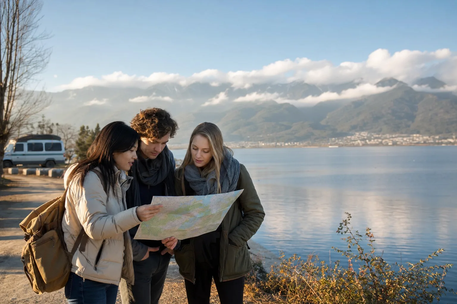 Travelers discussing a Yunnan route map with a local planner beside Erhai Lake