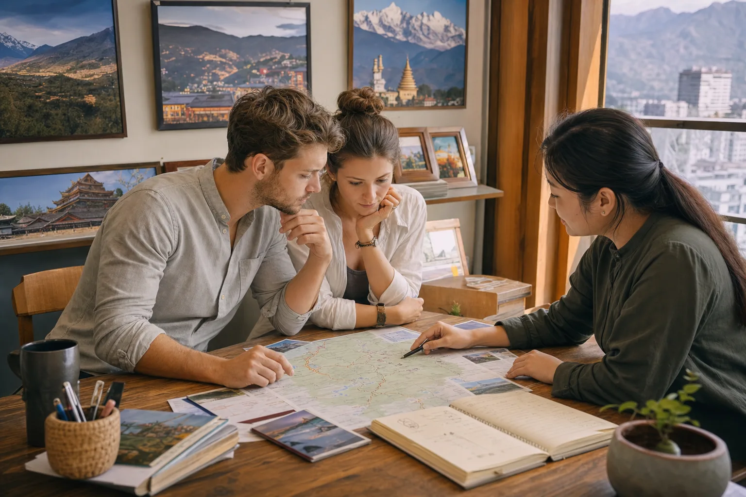Travelers comparing a custom Yunnan tour route and budget with a local planner in Kunming