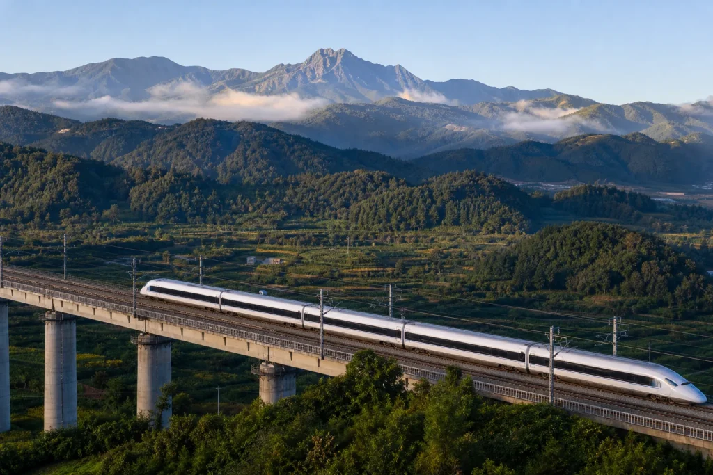 High-speed train crossing a mountain valley in Yunnan