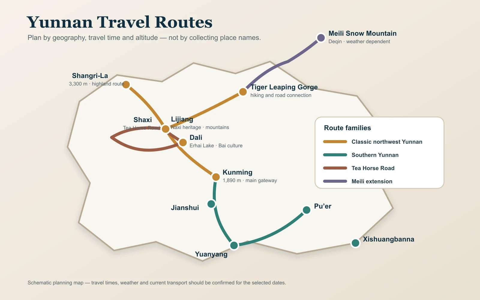 Yunnan travel route map showing Kunming, Dali, Lijiang, Shangri-La, Yuanyang, Puer and Xishuangbanna