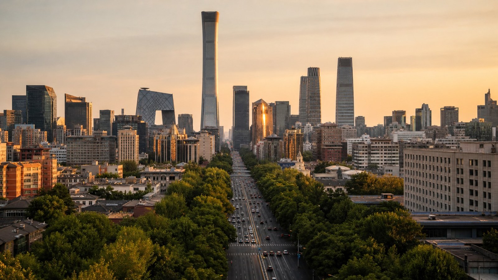 Beijing skyline and tree-lined boulevard in warm sunset light