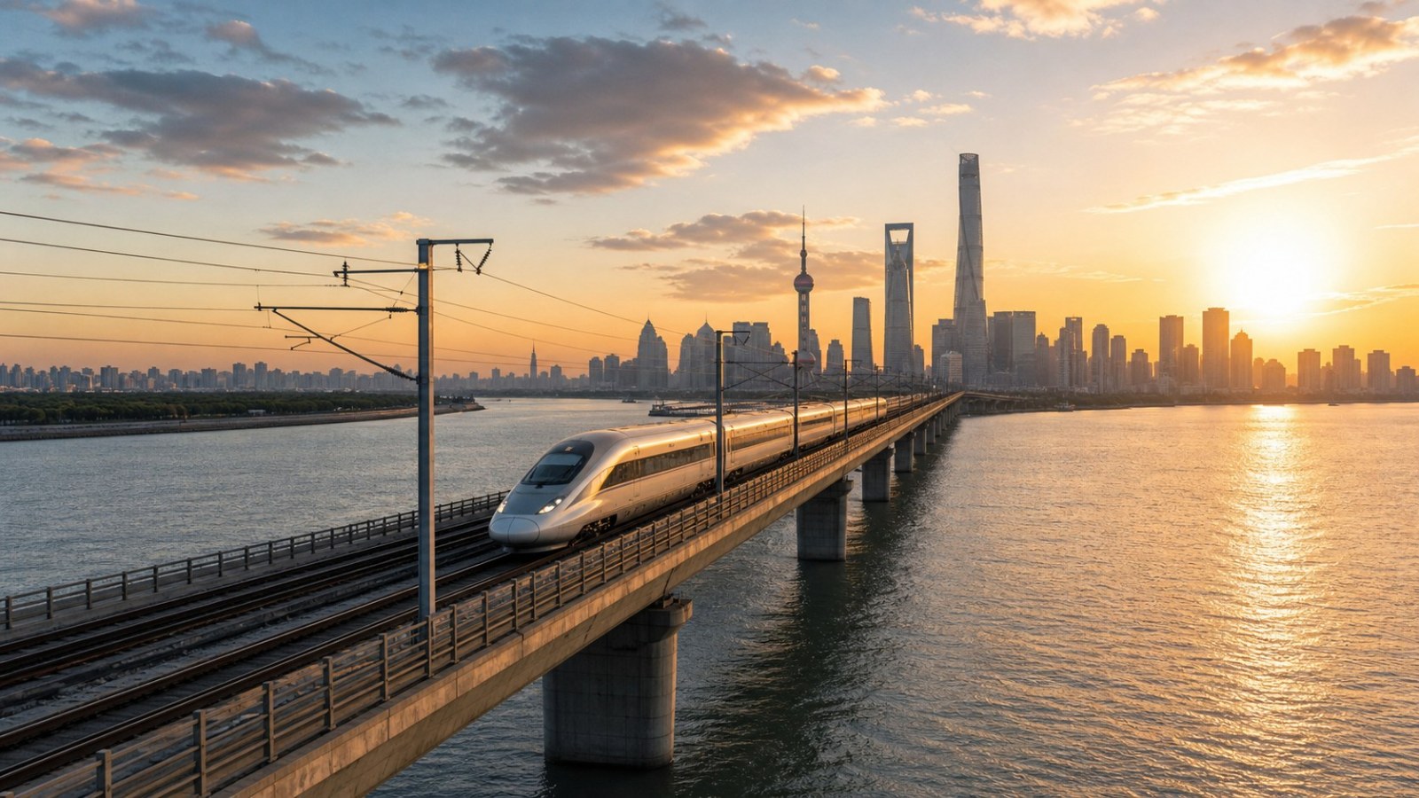 High-speed train approaching Shanghai across a river at golden hour