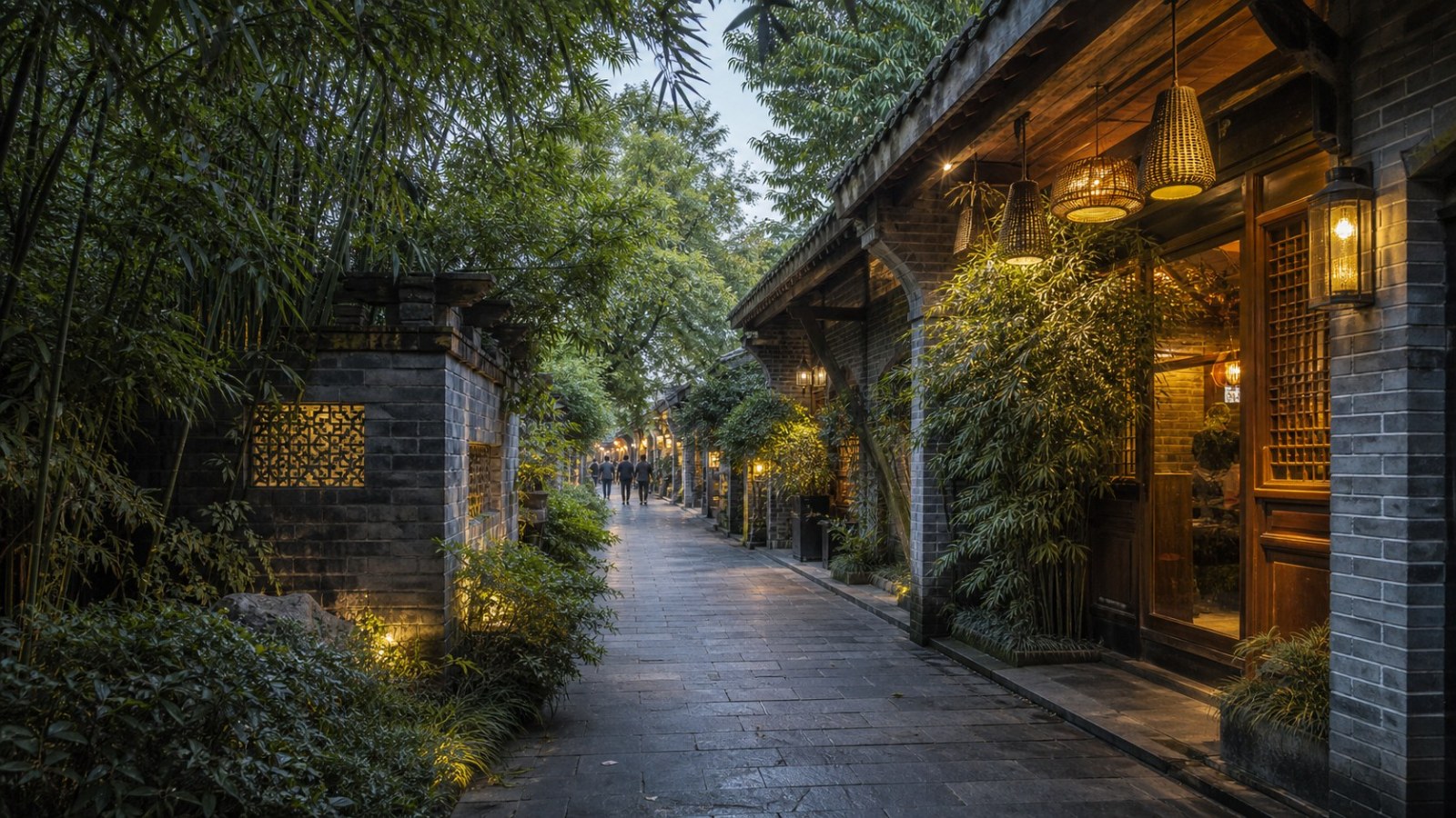 Bamboo-lined grey-brick lane in Chengdu's Kuanzhai Alleys