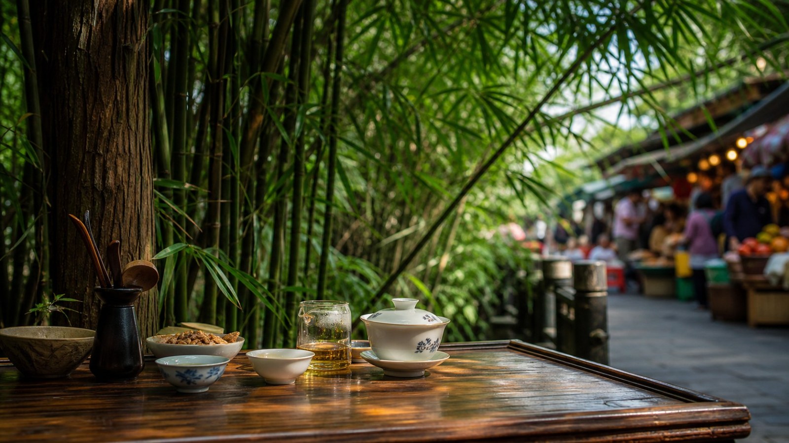 Gaiwan tea beside bamboo with a Chengdu local market in the background