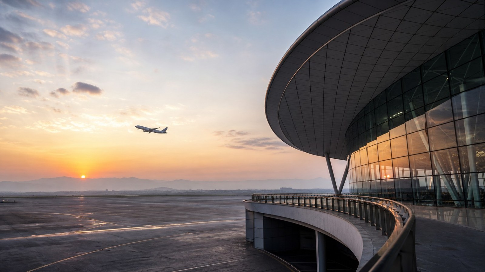Modern Chengdu airport terminal and departing aircraft at sunrise