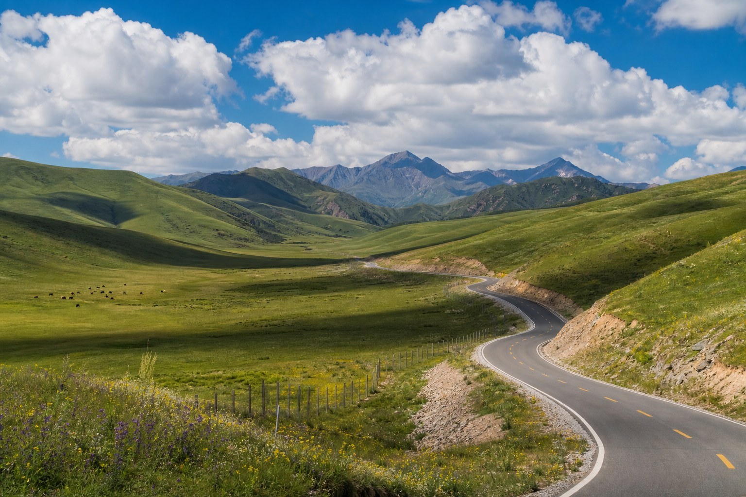 Scenic road crossing green Sangke Grassland beneath broad plateau mountains