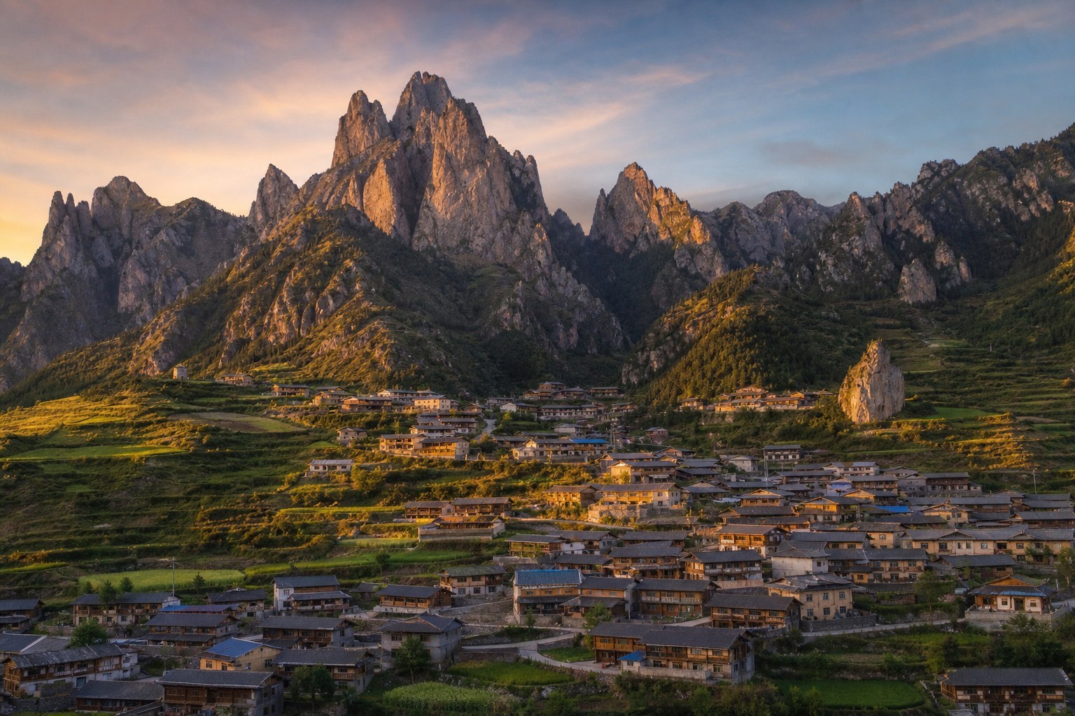 Traditional Zhagana village and terraced fields beneath monumental stone peaks