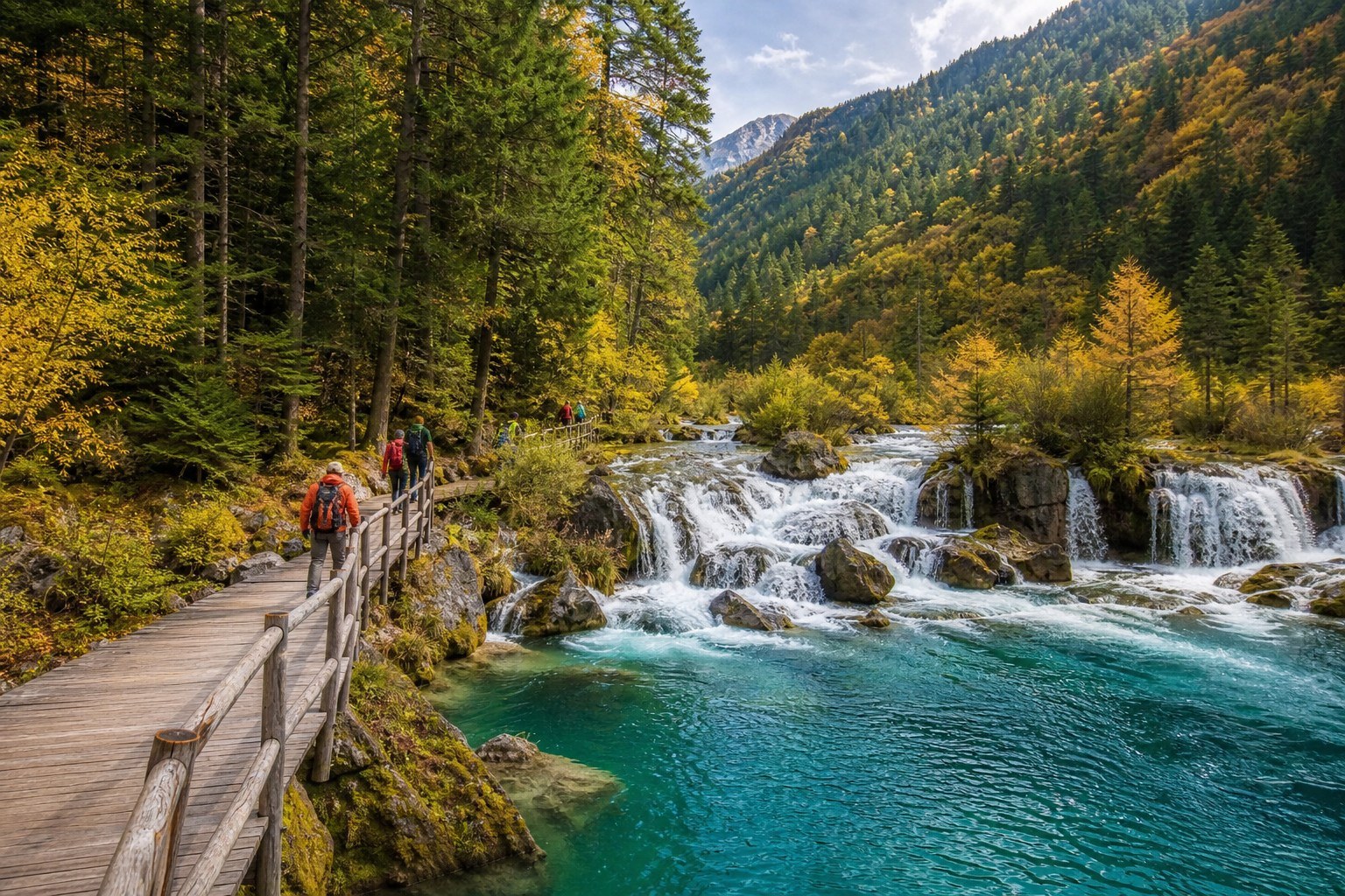 Turquoise pools, rushing waterfall and autumn woodland in Guanegou