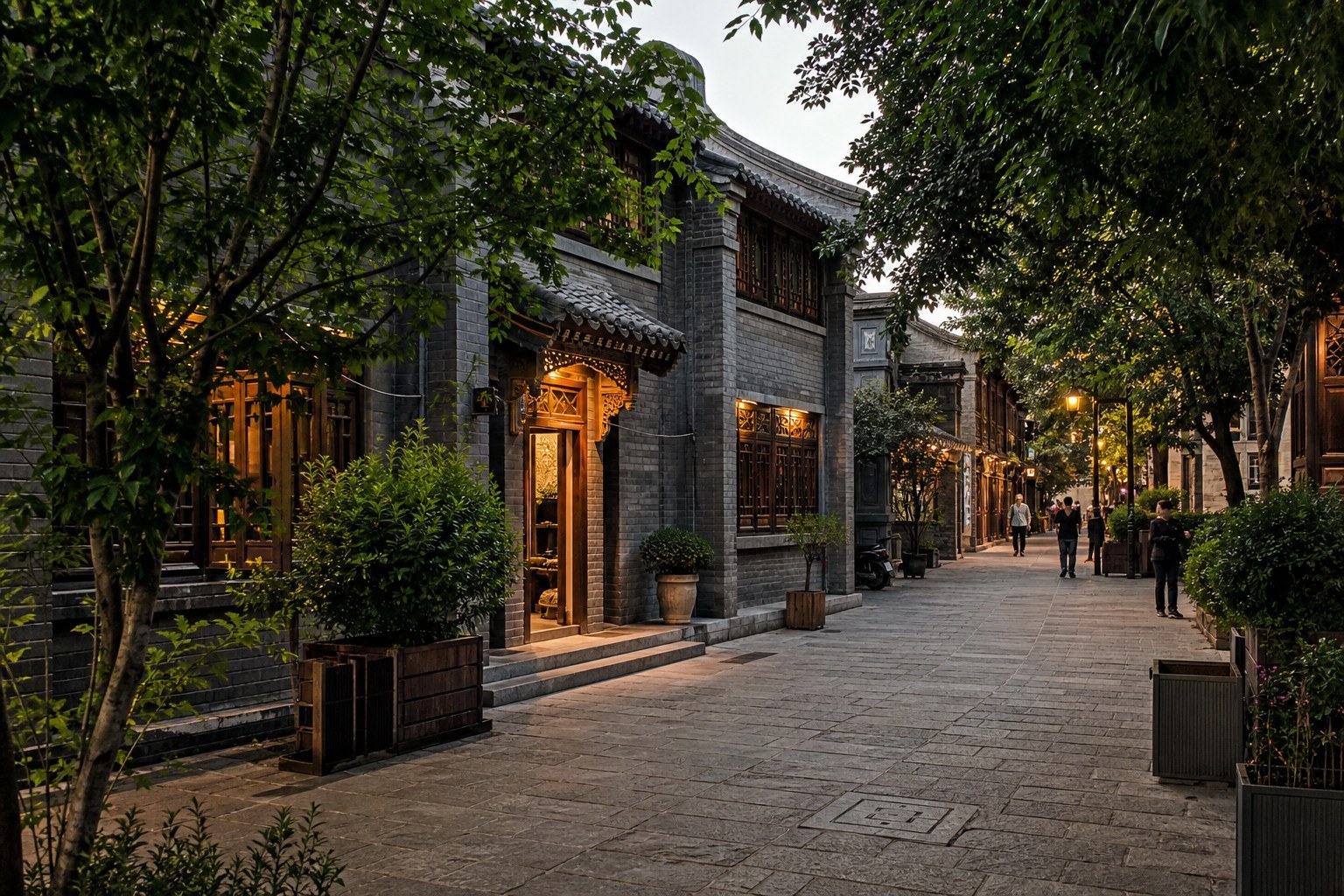 Leafy secular pedestrian lane and traditional courtyard homes in Tianshui old city