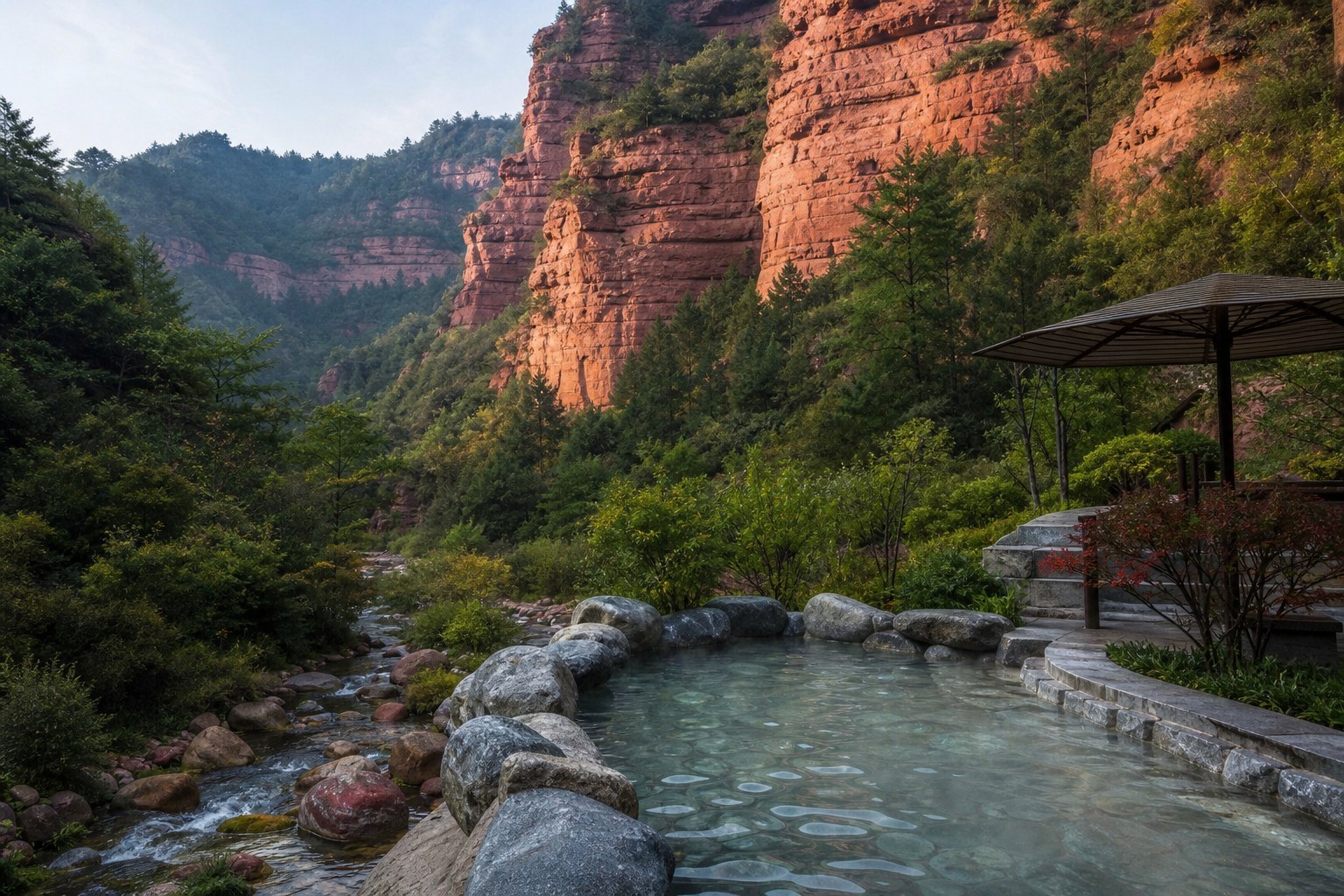 Red sandstone cliffs, pine forest and outdoor hot spring near Tianshui