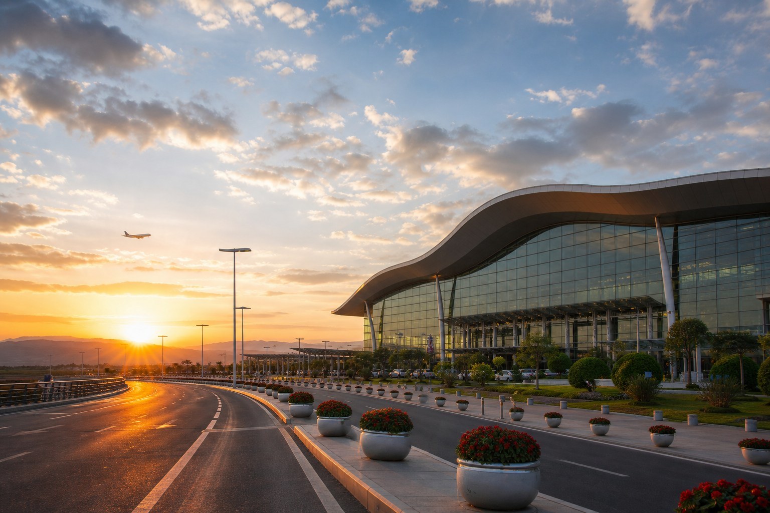 Modern Lanzhou airport terminal at sunrise with an aircraft in the distance