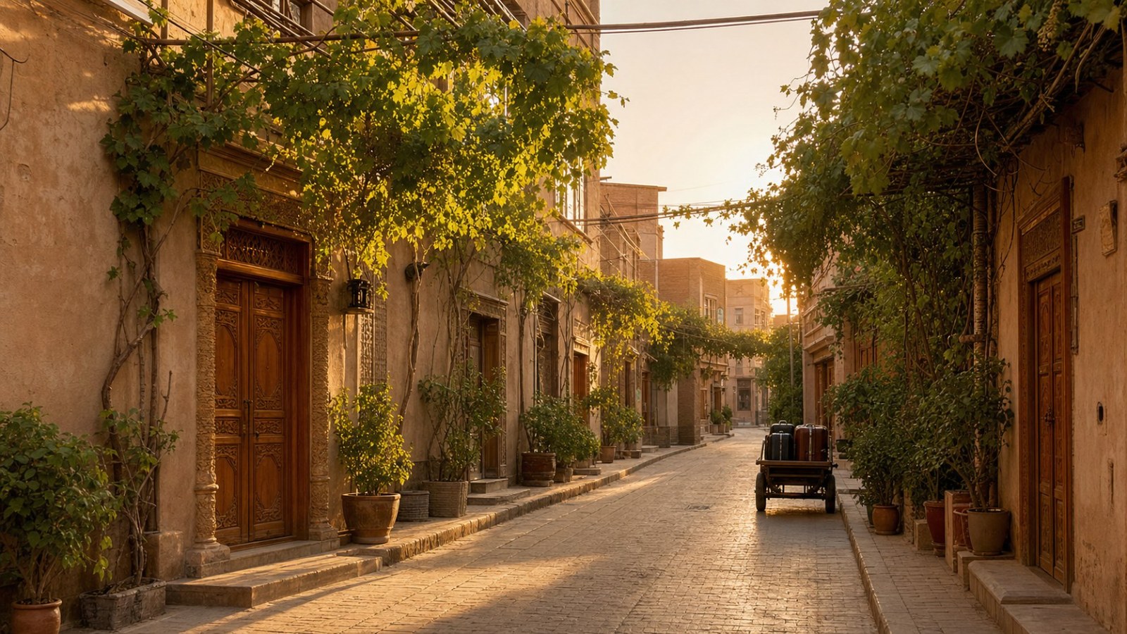 Quiet secular old-city lane in Kashgar at golden hour