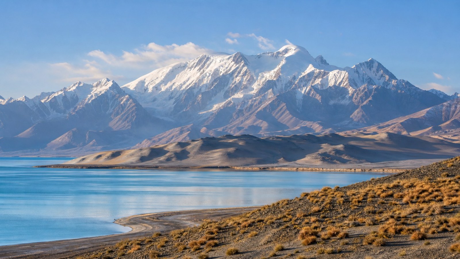 Pamir lake beneath snow-covered mountains between Kashgar and Tashkurgan