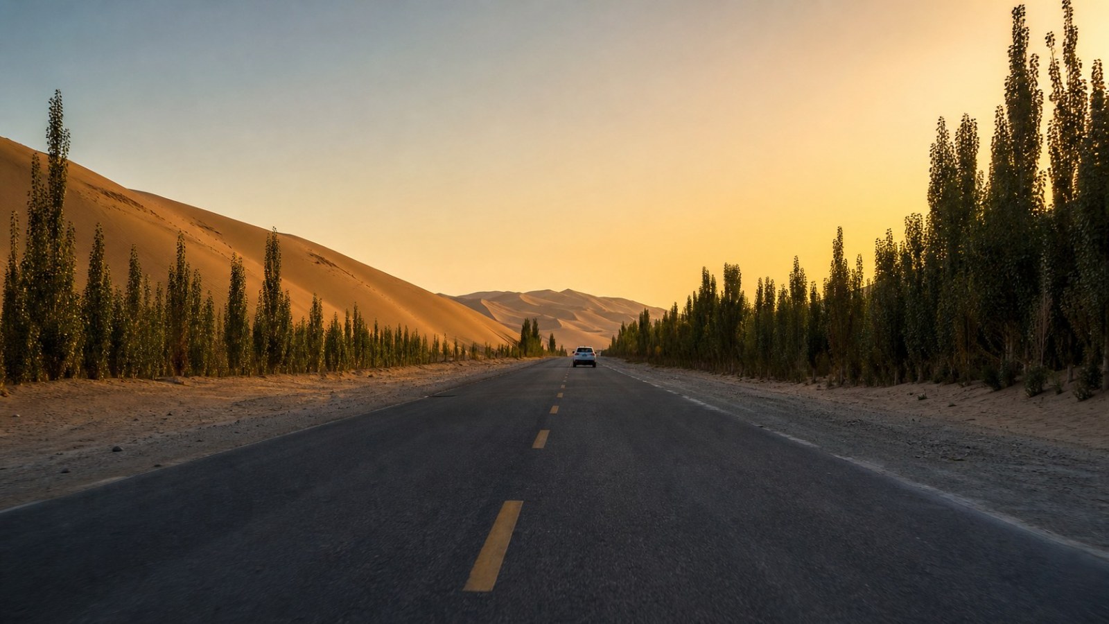 Desert highway crossing dunes and poplar shelterbelts from Hotan to Aral