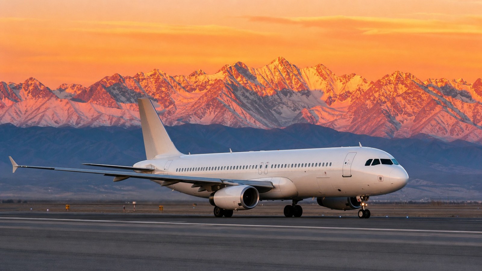 Passenger airplane on an Urumqi runway beneath glowing Tianshan Mountains