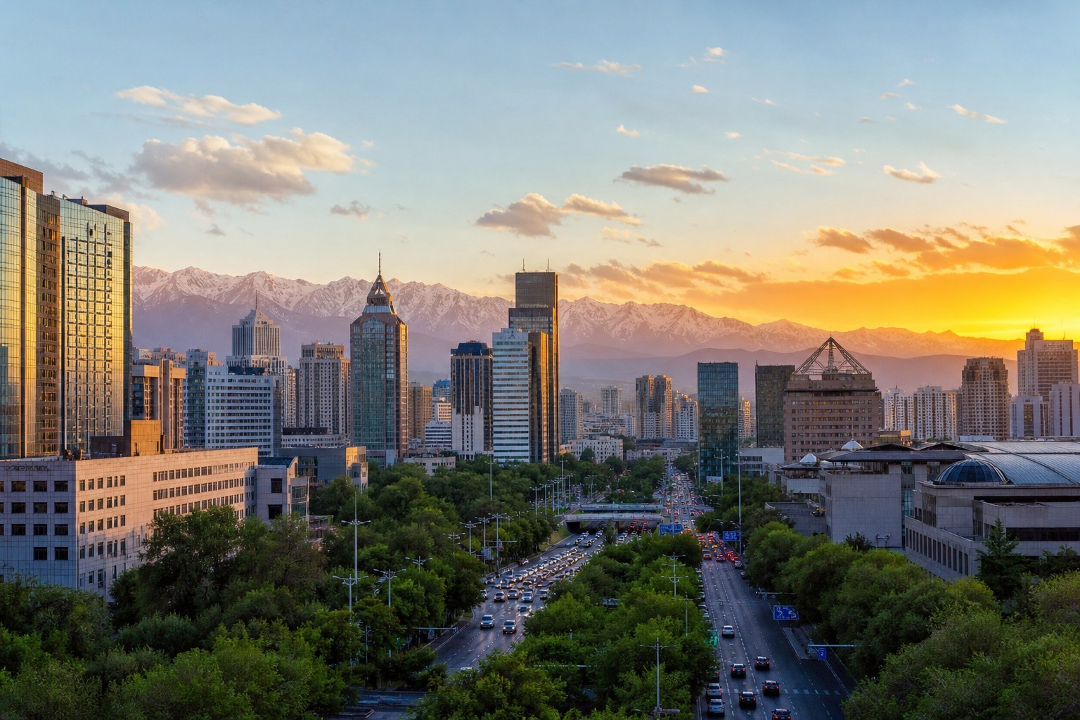 Modern Urumqi skyline and distant Tianshan Mountains in warm sunset light