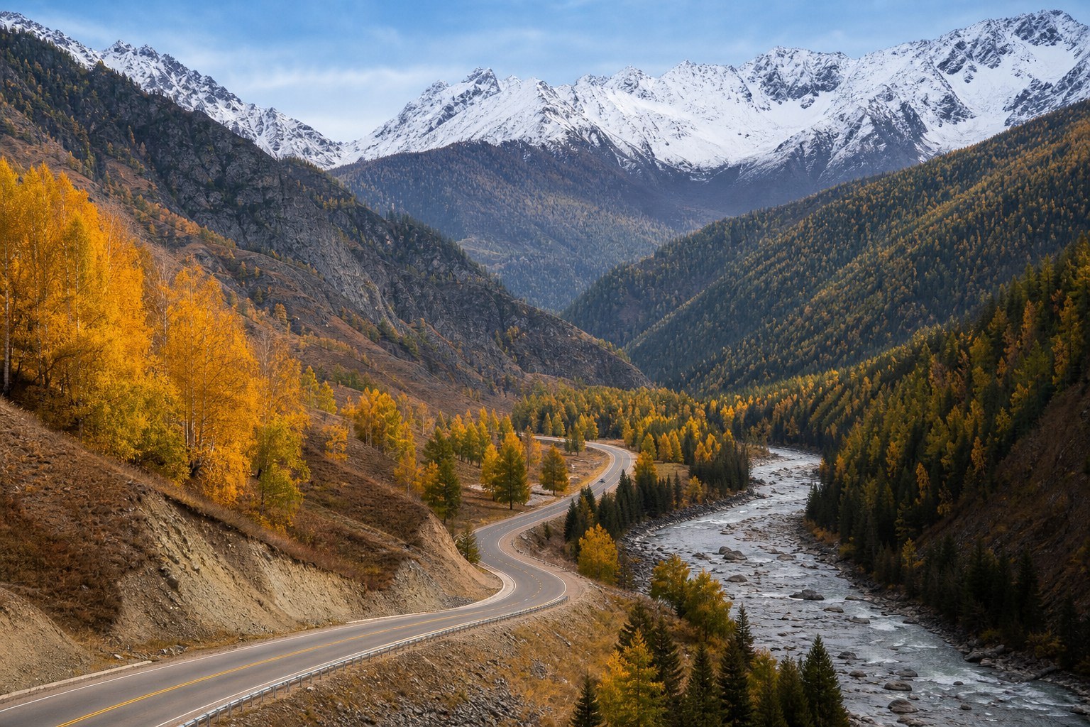 Ahe Highway winding through autumn forest and the Altai Mountains toward Hemu