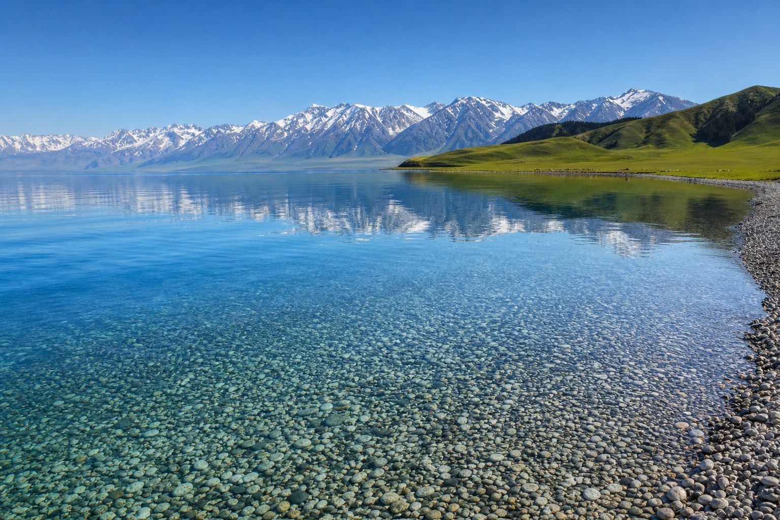 Clear blue water, pale pebbles and snow mountains along the Sayram Lake shore