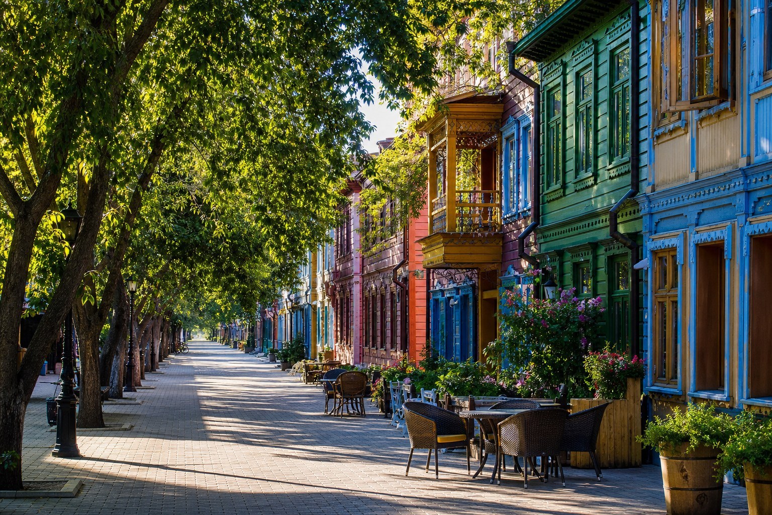 Leafy lane with colorful traditional homes and small cafés in Yining