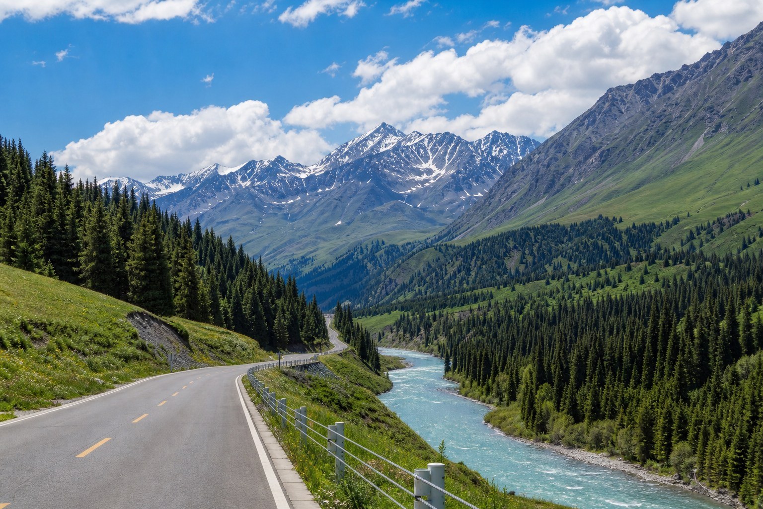 Duku Highway winding through an alpine valley beside forest, river and snow mountains