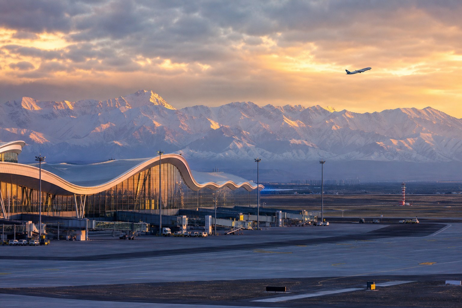 Modern Urumqi airport terminal with the Tianshan Mountains at sunrise