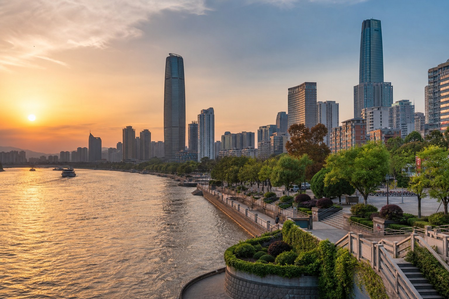Lanzhou skyline and landscaped Yellow River promenade at sunset