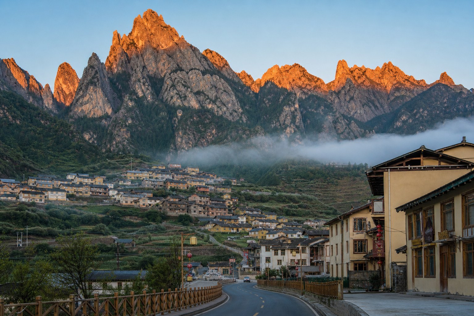 Zhagana village at sunrise and a secular plateau town street atmosphere