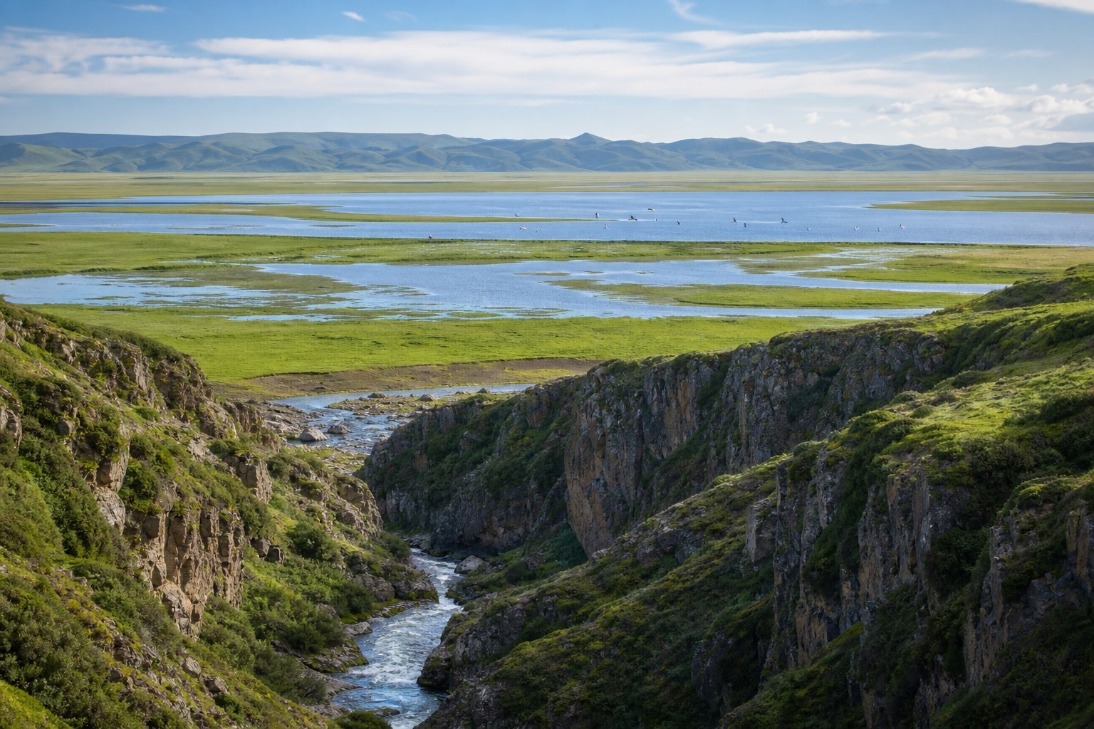 Namo Canyon stream opening toward Ruoergai Flower Lake wetland