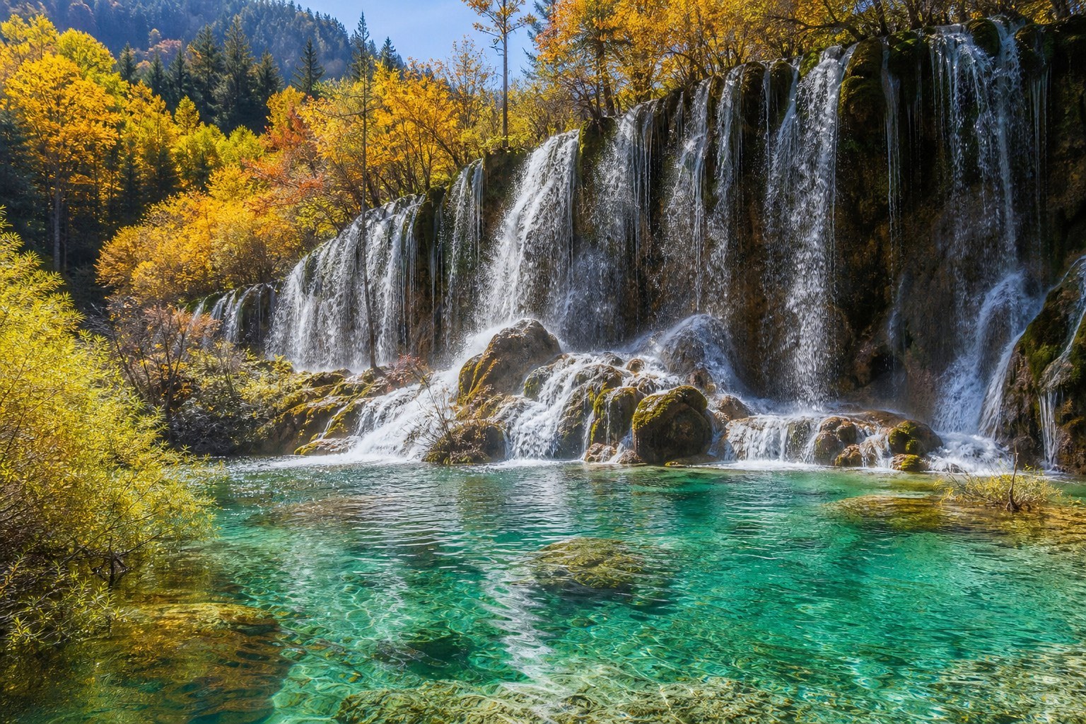 Turquoise Jiuzhaigou lake and multi-level waterfall surrounded by autumn forest
