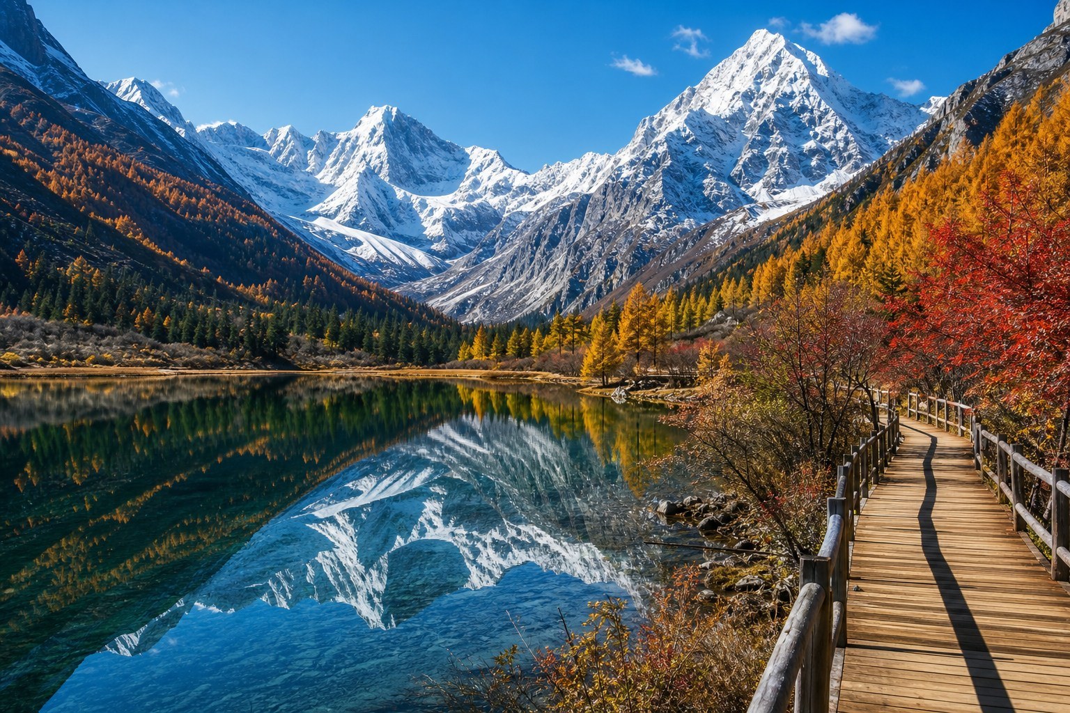 Bipenggou alpine lake reflecting snow mountains and autumn forest
